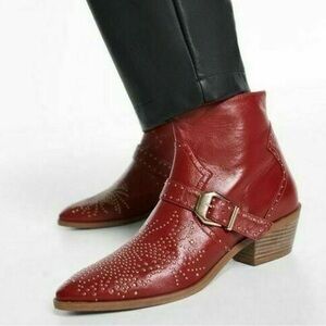 New Zara $129 Red Leather Gold Studs Western Ankle Cowboy Boots Size 10 6860/001